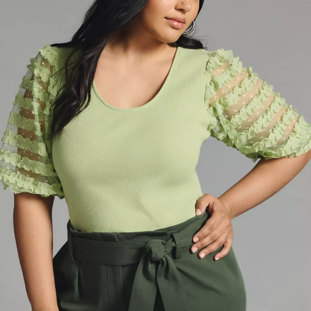 Anthropologie Light Green Ruffle-Sleeve Knit Top